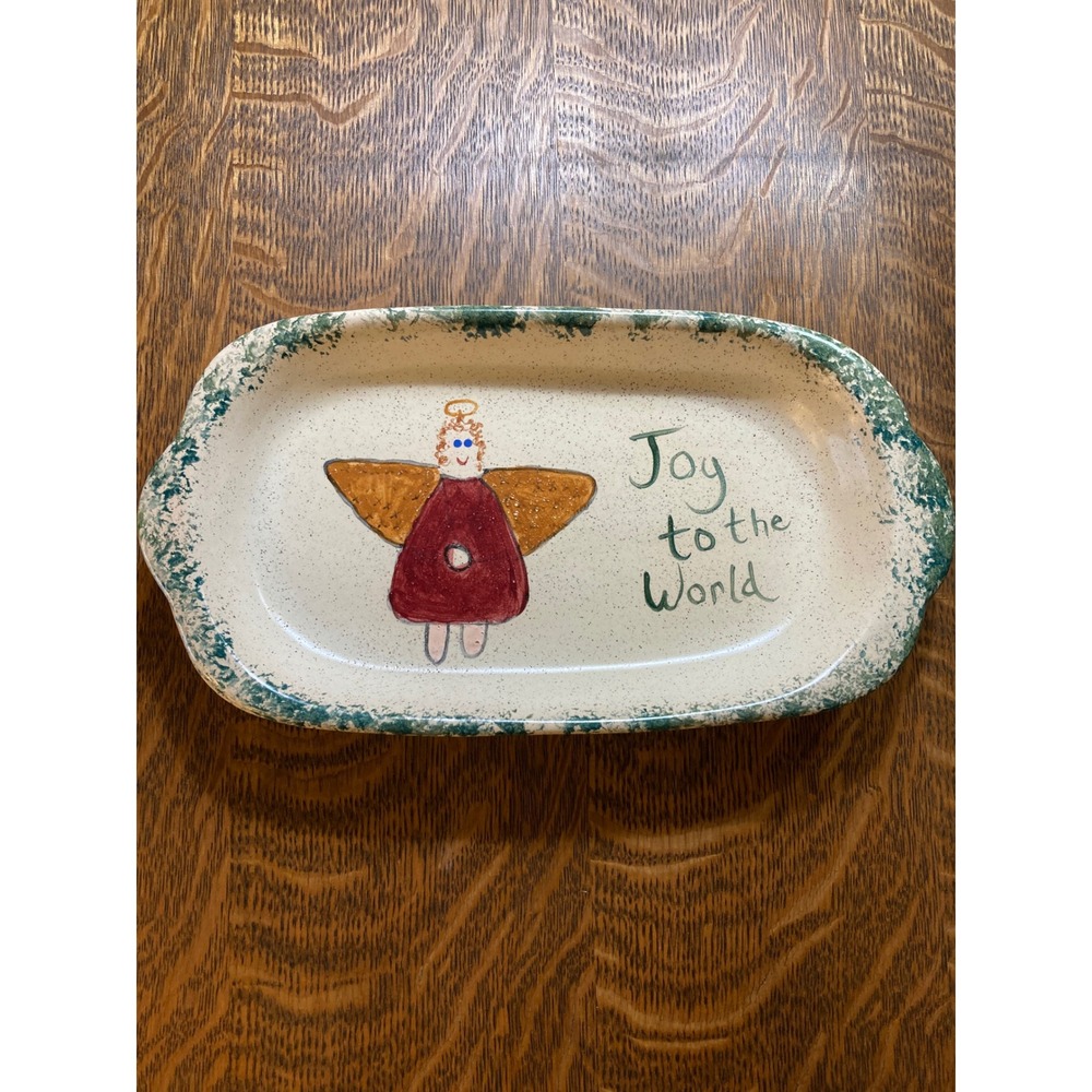 Vintage Christmas Angel Joy to the World Ceramic Serving Platter Folk Art Tray